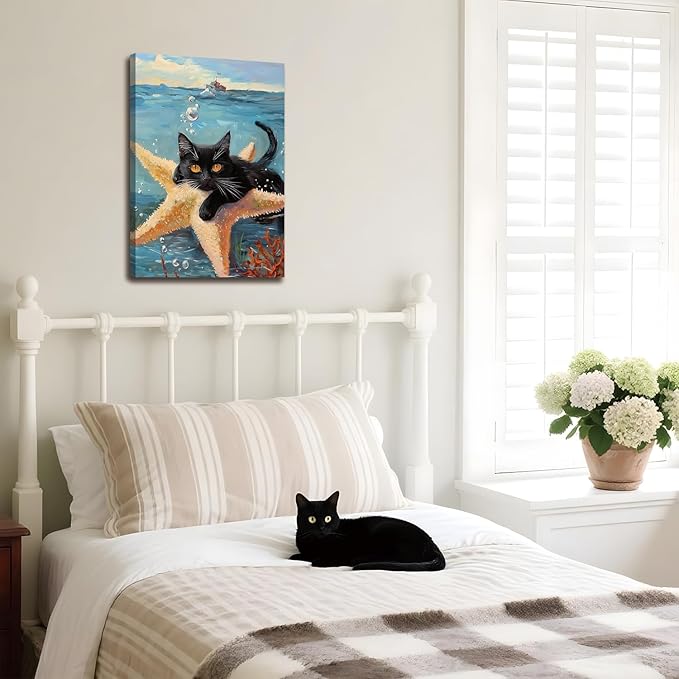 Yaneiro Funny cat canvas wall art, bathroom wall decor Starfish Cat A 16x24 inch Wrapped Canvas