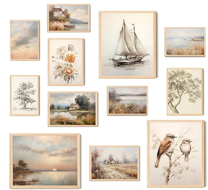 Aroutde Vintage Wall Art Prints Spring French Country Wall Decor Countryside Landscape Painting Canvas Wall Art French Farmhouse Pictures for Bedroom Living Room Gallery Wall Art Set of 12 (Unframed)