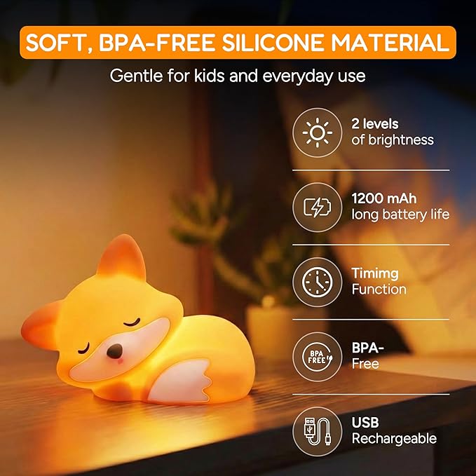 Sleeping Fox Night Light, Rechargeable Silicone Fox Lamp with Timer & Dimmable Warm Light, Cute Animal Nightlight for Bedroom, Nursery Decor & Gift