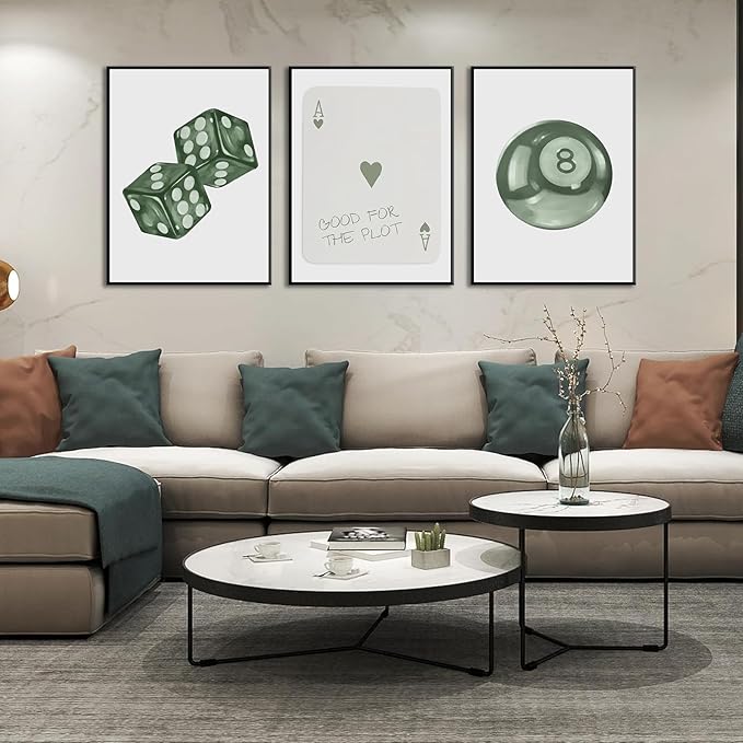 BOKPEN Green Poker Dice Canvas Wall Art Funky Y2K Trendy Preppy Pictures Lucky 8 Ball Poster Sage Prints Artwork Painting for Game Room Apartment Dorm Aesthetic Decoration 12x16in Unframed