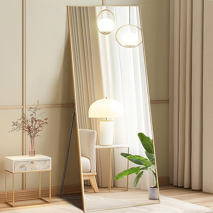 DUMOS Full Length Mirror with Stand, 58"x19" Floor Mirror with Aluminum Alloy Frame for Bedroom, Standing Full Body Mirror with Shatter-proorf Nano Glass for Wall, Living Room, Cloakroom, Gold