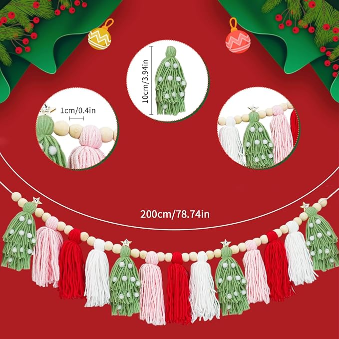 Boho Tassel Christmas Garland - Christmas Party Decorations Banner for Xmas Birthday Holiday Party - Christmas Wall Hanging Decor for Christmastree, Fireplace,Bedroom,Office,Classroom