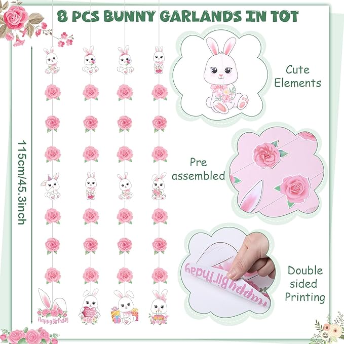 8 Pcs Easter Bunny Birthday Party Decorations Bunny Birthday Hanging Garlands Banner Pink Rose White Rabbit Paper Cutouts Streamer for Girls Wall Ceiling Decor Rabbit Party Supplies
