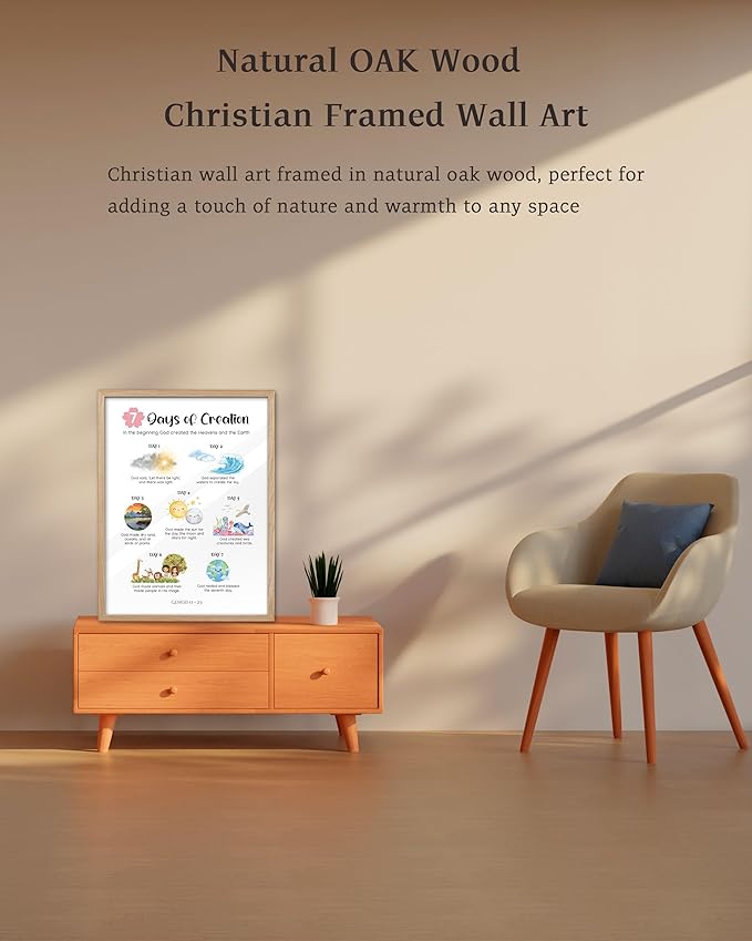 KensTro Christian Nursery Decor Framed Wall Art, 12x16 in 7 Days of Creation Canvas Wall Art Prints,God Art Sunday School Scripture Poster Bible Verse for Christian Boy and Girl Bedroom Set of 1