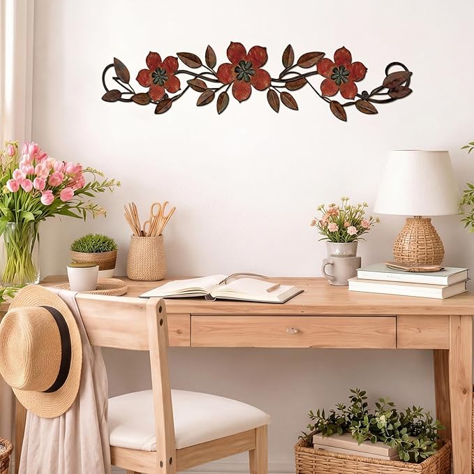 Wesiti Metal Flower Wall Decor Vintage Spring Metal Flower Wrought Iron Scroll Sculpture 15.7''x3.7'' Farmhouse Leaf Wall Decor with Nails for Spring Living Room Bedroom Indoor Outdoor(Red)