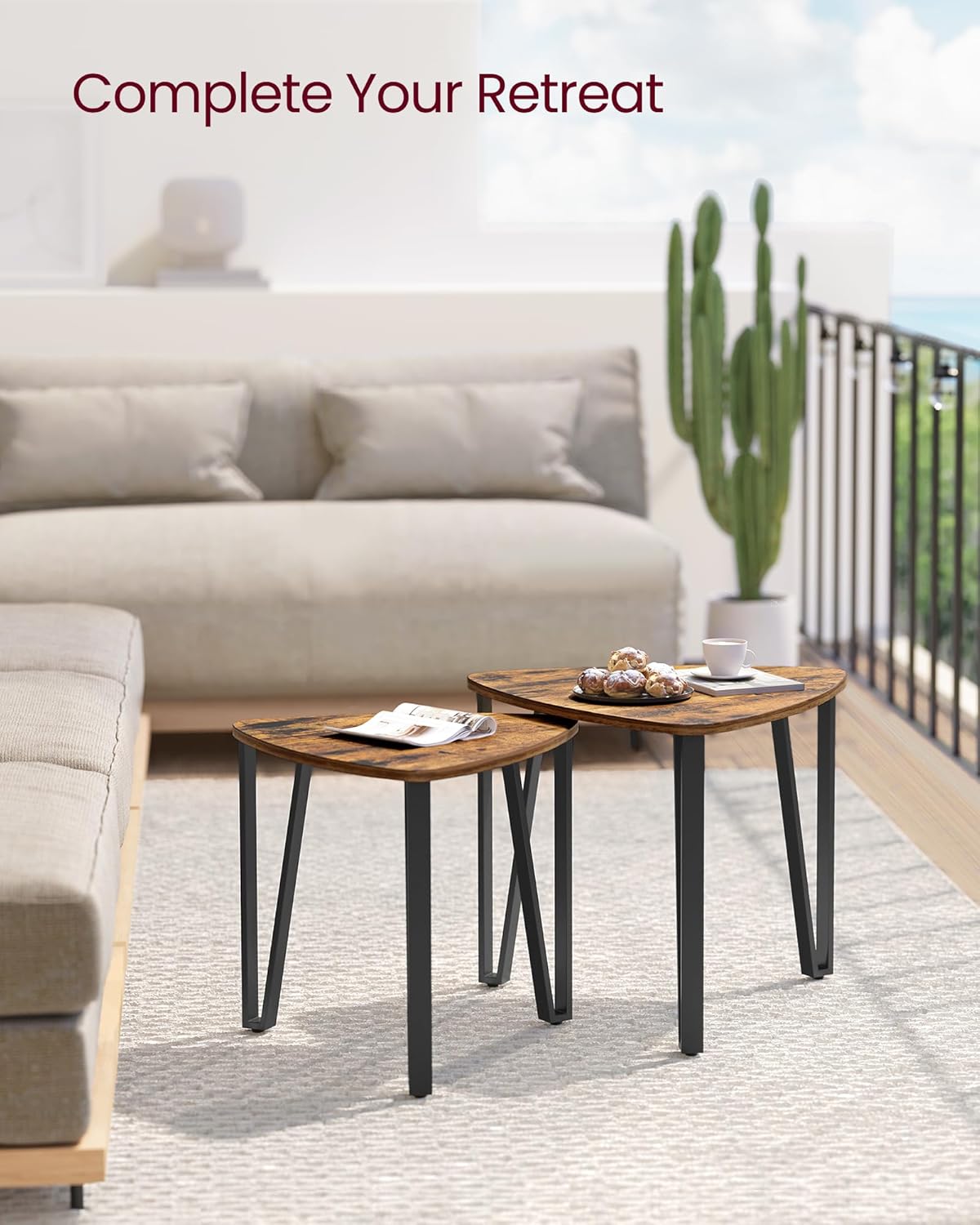 VASAGLE Nesting Coffee Tables, End Tables Set of 2 for Living Room Bedroom, Industrial Small Stacking Side Tables with Metal Frame for Couch, Rustic Brown and Black ULET013B01