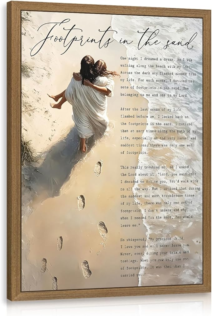 Clicyre Footprints in the Sand Christian Wall Art, Jesus Holding Child Canvas Print, Inspirational Bible Verse Poem Scripture Beach Artwork for Bedroom Prayer Room Church Wood Framed 12x16 Inch