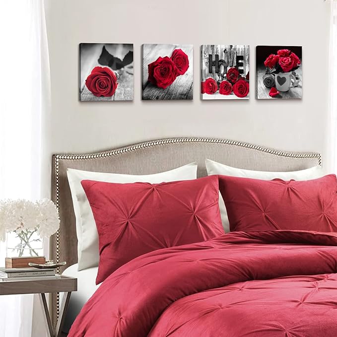 Red Wall Decor for Bedroom Red Bathroom Accessories Black and White Canvas Wall Art Rose Pictures for Living Room Home Decorations Flower Painting Couples Bedroom Kitchen Modern Artwork 12x12"4Pcs/Set