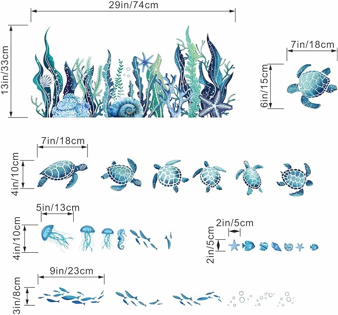Ocean Sea Turtle Wall Stickers - Under The Sea Marine Theme Seaweed Grass Wall Decals - Baby Nursery Kids Bedroom Daycare Bathroom Wall Decor Stickers
