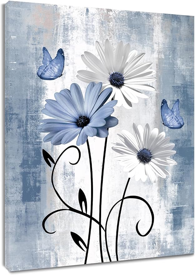 MYUSRE Blue and White Flower Wall Art for Bathroom, Farmhouse Daisy and Butterfly Paintings Rustic Wildflower Nature Plant Framed Canvas Wall Art for Living Room Bedroom Wall Decor, 24L X 16W inches
