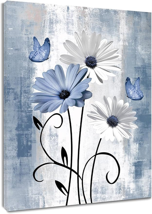 MYUSRE Blue and White Flower Wall Art for Bathroom, Farmhouse Daisy and Butterfly Paintings Rustic Wildflower Nature Plant Framed Canvas Wall Art for Living Room Bedroom Wall Decor, 20L X 16W inches