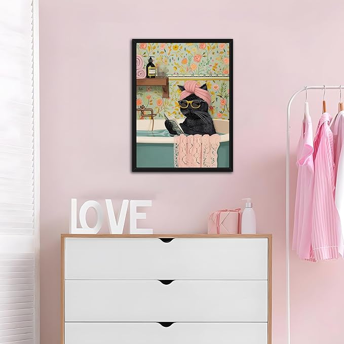 Floating Framed Bathroom Cat Canvas Wall Art, Funny Black Cat Reading Wall Decor, Cute Animal Prints Pictures Posters for Living Room Bedroom Toilet Kids Room Paintings 12x16 inch
