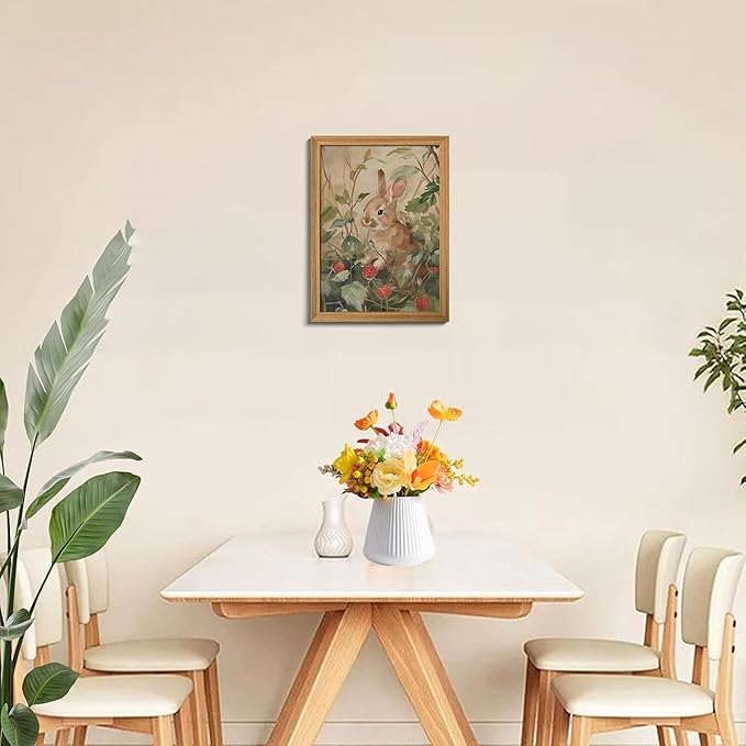 3D Textured Framed Vintage Easter Bunny Wall Art, Cottagecore Cute Rabbit Wall Decor Painting, Rustic Farmhouse Animal Sandstone Picture for Living Room Bedroom Easter Decor 16x24 Inch