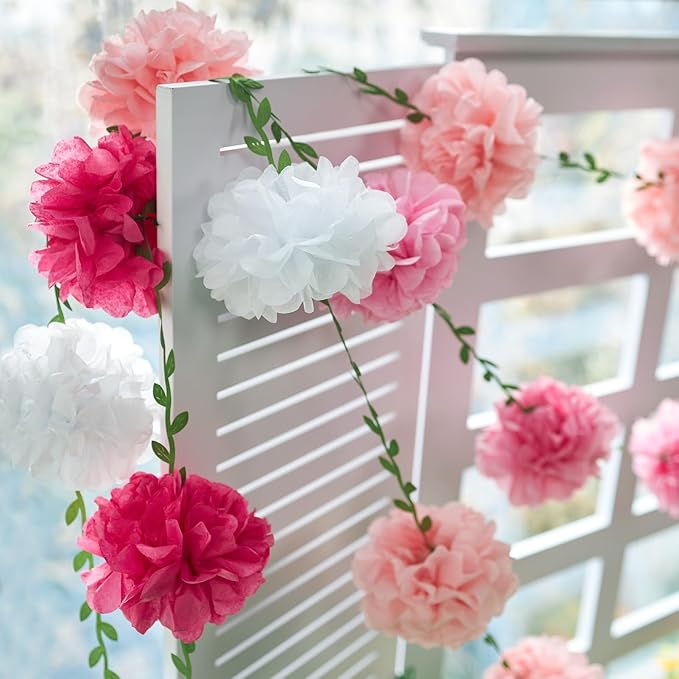 4 Pcs Gradient Pink Tissue Paper Pom Pom Garlands, Paper Flowers for Birthday Decorations, Baby Shower, Wedding Engagement, Bridal Shower, Spring Summer Party Decorations