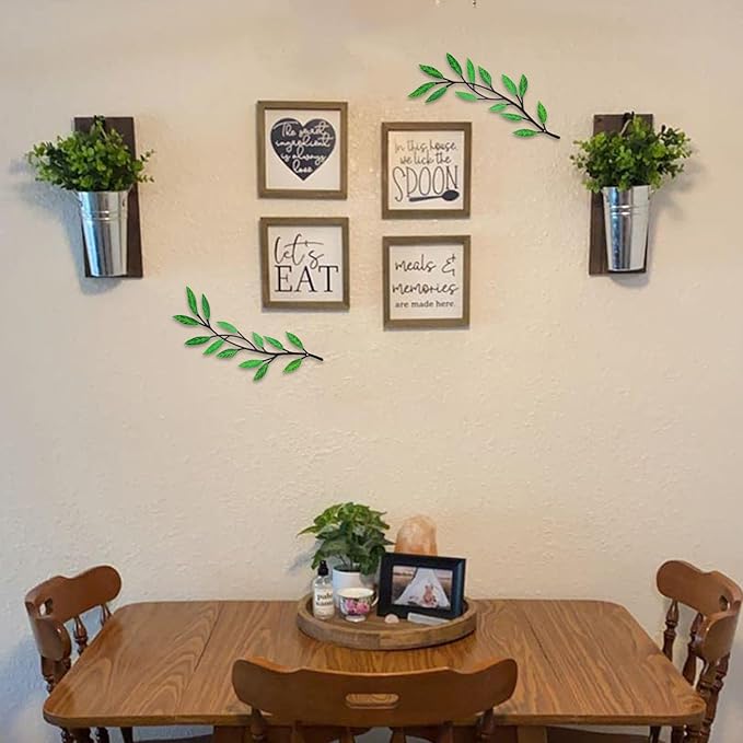 Metal Tree Leaf Wall Decor 2 PCS Rustic Vine Branch Leaf Wall Art for Living Room Bedroom Bathroom Decorations - Green