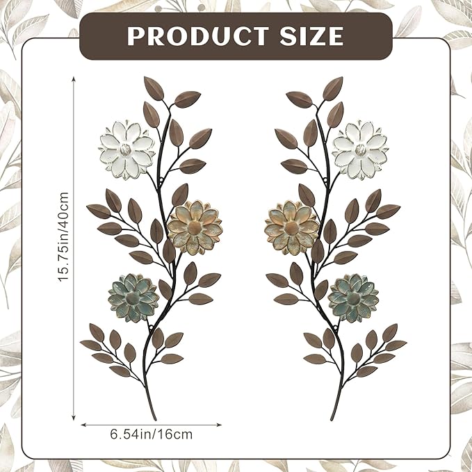 MorningRo 2 Pcs Metal Flower Leaves Wall Art, 15.75 Inch Spring Wall Decor, Vintage Leaf Wall Hanging, Rustic Wall Decor for Holiday Indoor Outdoor (Brown)