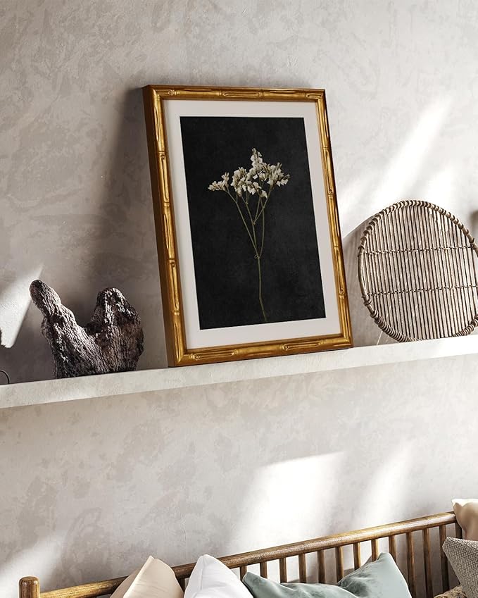 InSimSea Gold Bamboo Framed Canvas Wall Art, Retro Dark Dried Wildflower Botanical Paintings, Antique Vintage Picture Frame with Mat, Home Wall Decor for Living Room Bedroom Gallery, 11x14inch