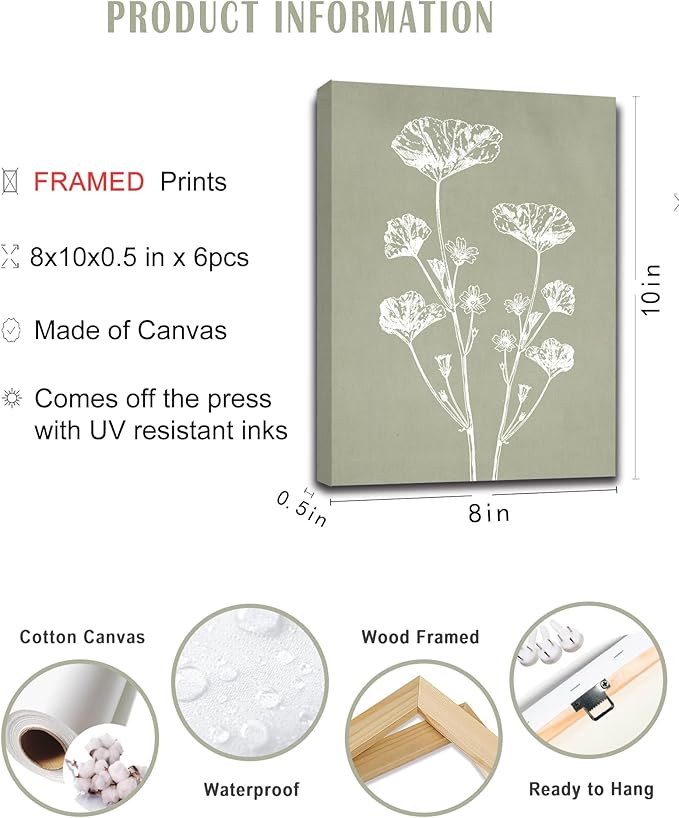 Drsoum Botanical Wall Art Framed Boho Wall Art Decor Wooded Minimalist Vintage Print Modern Rustic Farmhouse Home Kitchen Decor 8x10inx6pcs
