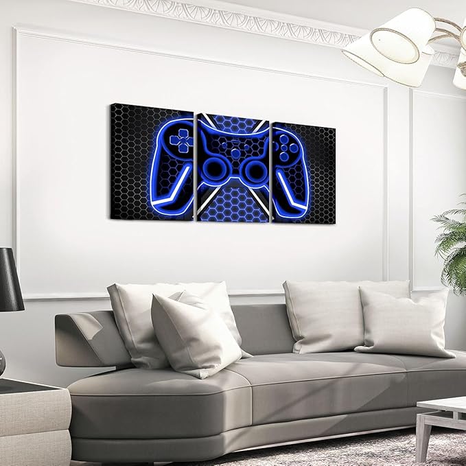 Feelyou Blue and Black Picture Wall Decor 12" x 16" 3 Piece Gamer Canvas Wall Art for Living Room Bedroom for Kids Game Controller Bathroom Wall Art Honeycomb Wall Painting
