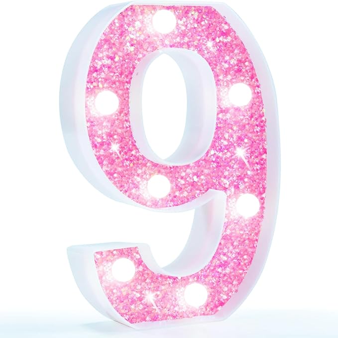 Pooqla Marquee Numbers, Pink Light Up Numbers for Girls 9th Birthday, Battery Powered Glitter Number Night Light Gift for Christmas Bedroom Dorm Room Party Decoration, Cool White Number 9