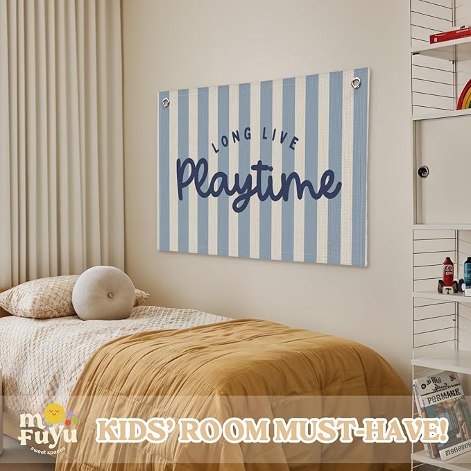 Playroom Wall Decor,Long Live Playtime Banner,Kids Room Decor,Blue Stripes Linen Canvas Banner Wall Hanging Flag Decor for Toddler Boy Room Nursery Playroom 30x20 Inch