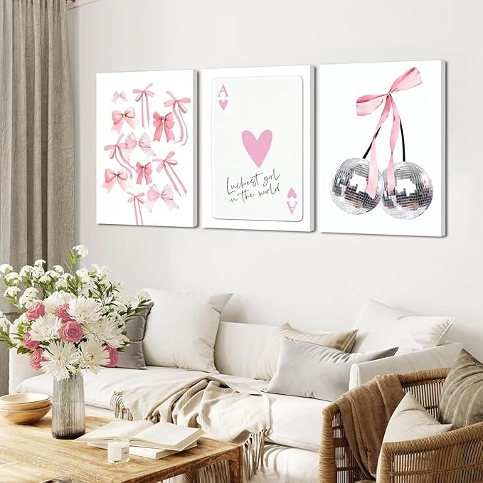 Trendy Pink Bows Wall Art Set of 3 Coquette Preppy Cherry Wall Decor Trendy Disco Ball Canvas Posters Prints Girly Aesthetic for College Apartment Living Room Bedroom Framed 12x16 In