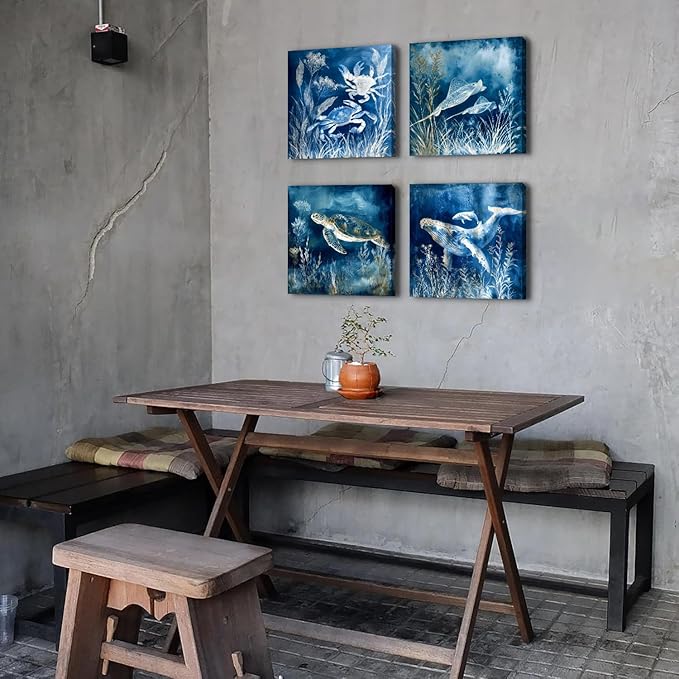 Ocean Animal Canvas Wall Art Navy Blue Coastal Bathroom Decor Sea Turtle Dolphin Whale Crab Pictures Wall Decor Under The Sea Marine Life Posters Beach House Living Room Bedroom Decoration 12x12” 4Pcs