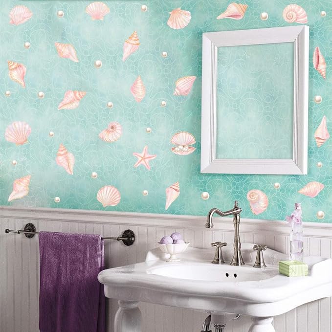 Pink Shell Wall Decal, Watercolor Under The Sea Shell Vinyl Wall Stickers, Removable Ocean Themed Seashell Artwork for Girls Bedroom Kids Room Bathroom Decor