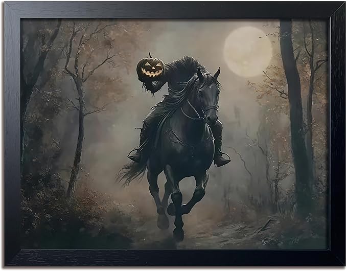 Vintage Canvas Wall Art, Dark Academia Wall Decor, Gothic Poster Print Painting, Headless knight holding a pumpkin lantern Halloween for Living Room Bedroom Decor 16x24 Inch Black Wood Framed