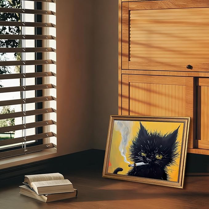 Aroutde Framed Funny Black Cat Wall Art, Cat Smoking a Cigarette Painting Vintage Gold Framed Wall Decor, Black Kitten Humor Animal Restroom Home Decoration (16L''x12W'')
