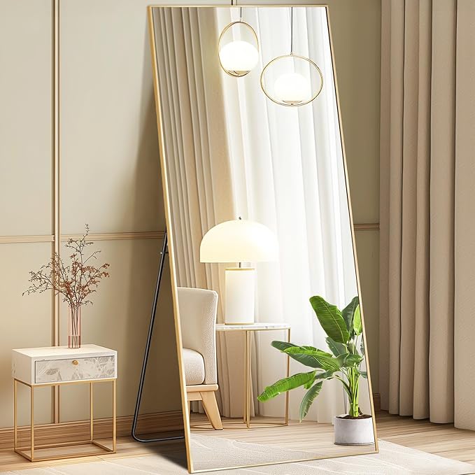 DUMOS Full Length Mirror with Stand, 68"x26" Floor Mirror with Aluminum Alloy Frame for Bedroom, Standing Full Body Mirror with Shatter-proorf Nano Glass for Wall, Living Room, Cloakroom, Gold