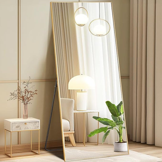 DUMOS Full Length Mirror with Stand, 68"x26" Floor Mirror with Aluminum Alloy Frame for Bedroom, Standing Full Body Mirror with Shatter-proorf Nano Glass for Wall, Living Room, Cloakroom, Gold