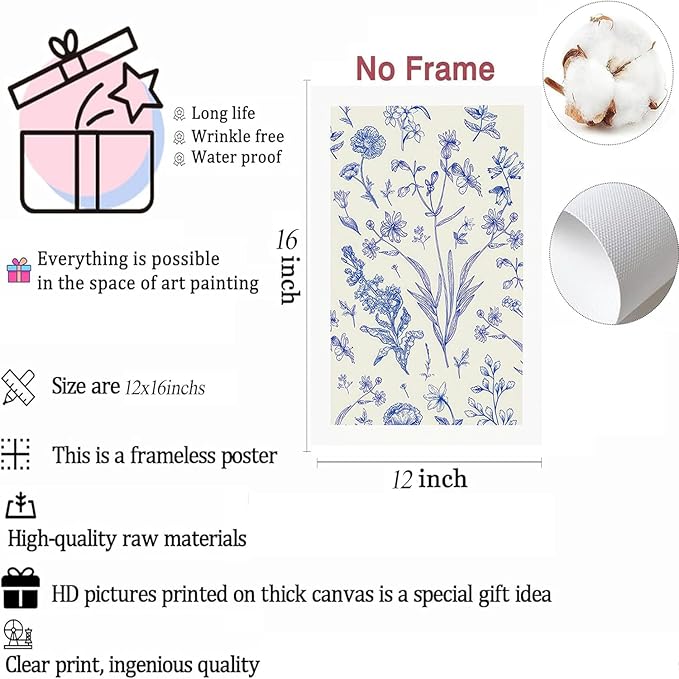 LYPHNX Blue White Chinoiserie Floral Poster Wall Art Navy Watercolor Flower Canva Painting Set of 3 Minimalist Botanical Wildflower Prints Picture Home Decor for Bedroom Living room 12"x16" UnFramed