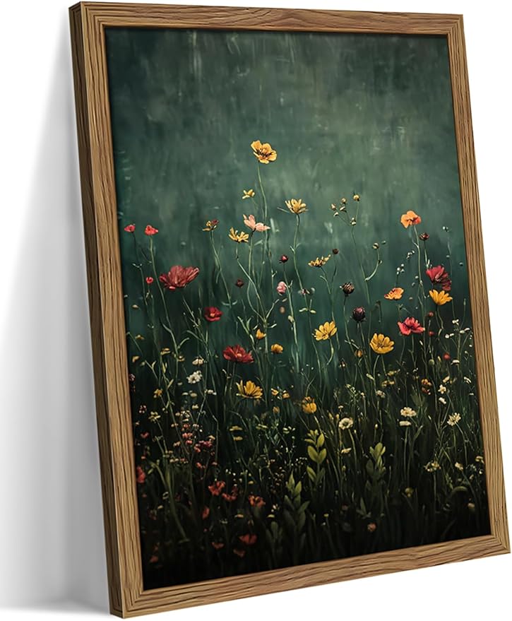 Wildflower Field Framed Wall Art, Vintage Botanical Flower Wall Decor, Modern Farmhouse Floral Canvas Art, Green Field Landscape Pictures Artwork for Living Room Bedroom – 12x16 inch