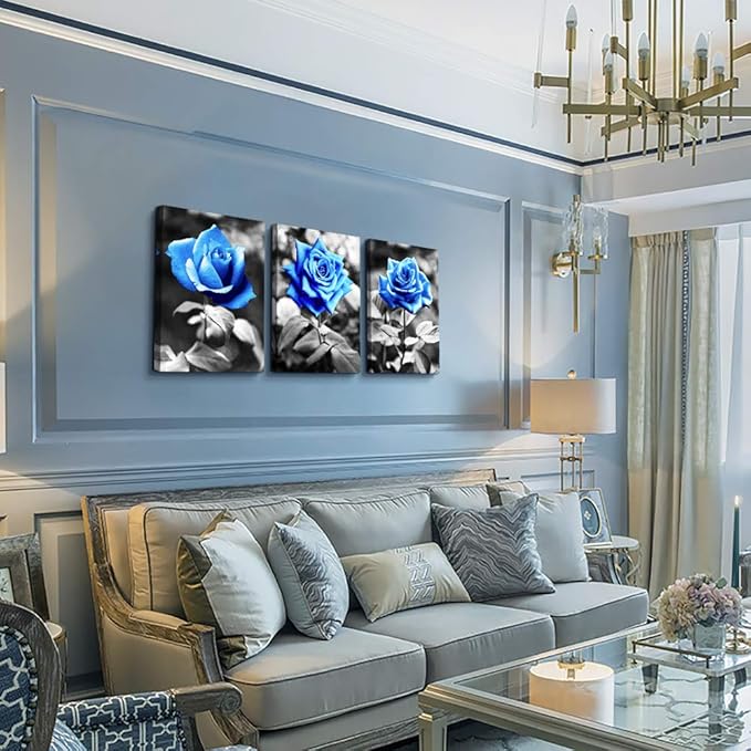 DZRWUBHS Large Wall Art For Living Room Wall Decor For Kitchen Black And White Canvas Prints Pictures Artwork Blue Rose Flowers Wall Paintings Modern Office Bedroom Room Home Decorations 3 Pieces
