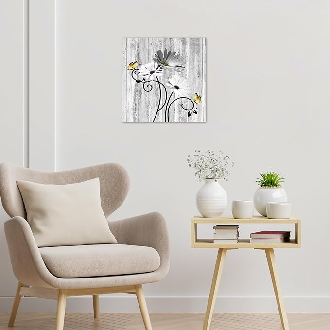 HVEST Grey Floral Wall Art for Living Room Daisy and Butterfly Bathroom Wall Decor, Rustic Farmhouse Plant Framed Wall Art for Bedroom Kitchen Home Office, 12L x 12W Inches