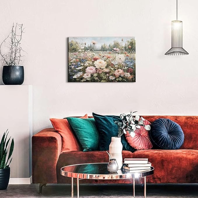Vintage Floral Wall Art Colorful Flowers Wall Decor for Bedroom Retro Wildflowers Canvas Painting Rustic Farmhouse Flower Pictures Aesthetic Artwork for Living Room Bedroom Home Decoration 16x24"