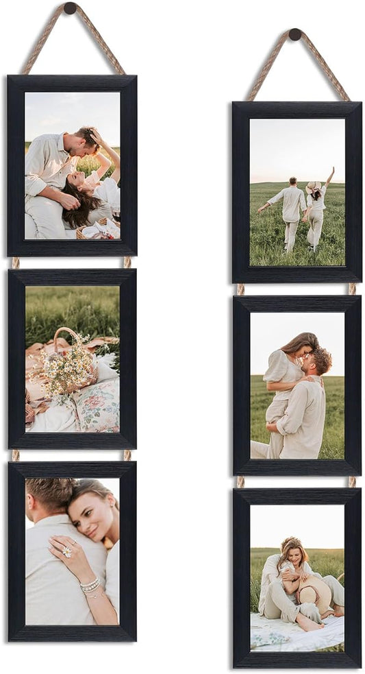 QUTREY 4x6 Collage Picture Frames Black, 6 Openings Vertical Hanging Photo Frame Set Display 4 by 6 inch Pictures for Wall Decor, 2 Pack