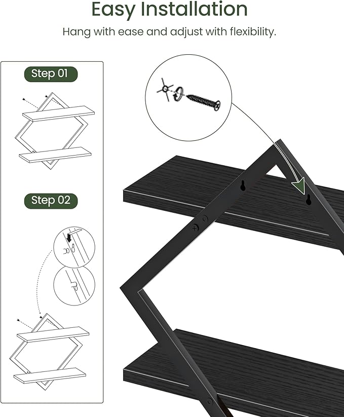 Floating Shelves, Set of 2 Wall Shelves, 2-Tier Hanging Shelves, Wall Shelf Set of 2, Wall Mounted Shelves, for Living Room, Bedroom, Kitchen, Office, Study, Black TBJ01P2BB