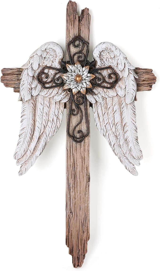 BC Home Decor Angel Wings Crosses Wall Décor, Rustic Decor Style, Decoration Gifts for Women, 12 inches H,Hand Painted by Buildclassic