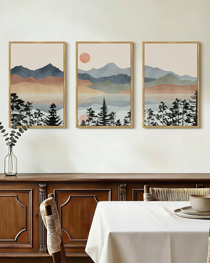Drsoum Mountain Range Landscape Wall Art Framed Ink Wash Watercolor Nature Wall Decor Laker Sun Rises Prints Bedroom Living Room Ready to Hang 16x24in Natural Framed