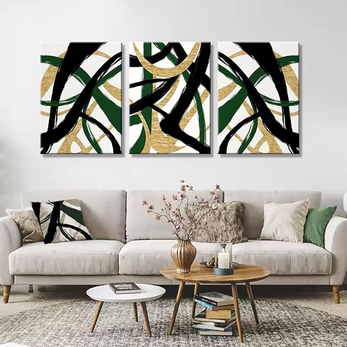 3 Pcs Framed work Abstract Lines Canvas Wall Art Modern Black, Green, Gold Geometric Brushwork Prints Posters Abstract Line Images Framed gallery packaging artwork for living room prints bedroom office and home decor 16X24Inch