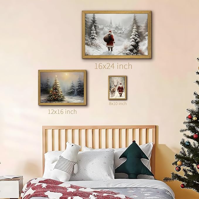 Vintage Christmas Canvas Wall Art, Wood Framed Santa Claus Wall Decor Painting, Rustic Farmhouse Winter Snow Scene Poster Print Picture 8x10 inch, Best Holiday Decor for Living Room Bedroom Home