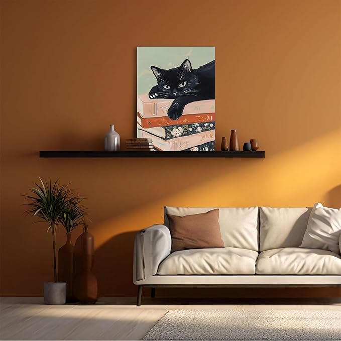 Framed Black Cat Canvas Wall Art, Funny Cat lying on a pile of books Painting, Abstract Animal Posters Prints Wall Decor for Living Room Bathroom Gallery Dining Room Decor 16x24 inch