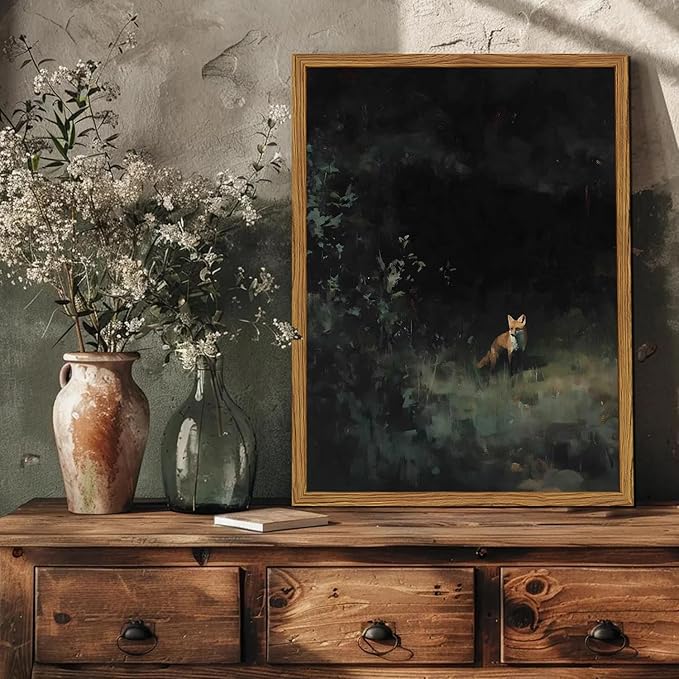 Framed Vintage Wall Art, Cottagecore Fox Wall Decor Paintings, Rustic Forest Animal Landscape Pictures Canvas Prints Country Farmhouse Home Decor for Living Room Bedroom 12x16 inch