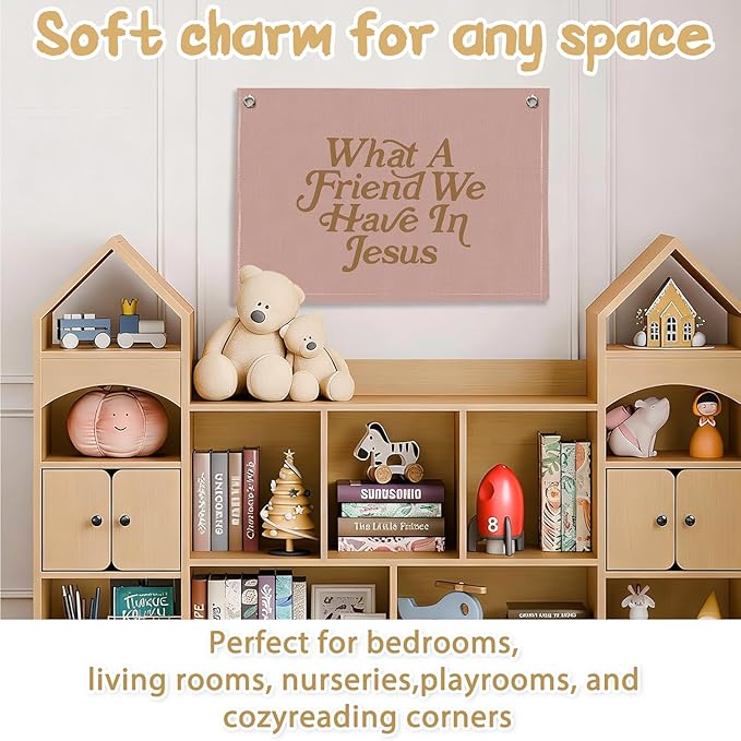 RTXLEZM Girls Room Decor, What a Friend We Have in Jesus Christian Canvas Banner Wall Hanging,Pink Minimalist Bible Verse Wall Art Prints for for Classroom, Nursery, Playroom，Kids Room,20x30 Inch