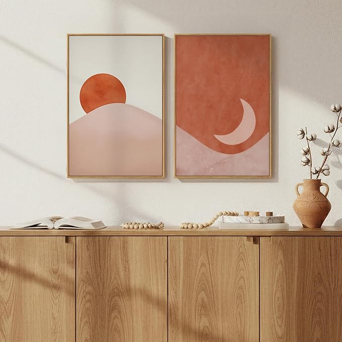 Framed Boho Sun and Moon Set of 2 Wall Art, Terracotta Blush Mid Century Modern Canvas Artwork for Walls, Bohemian Abstract Painting Print for Living Room Bedroom Hallway Office Wall Decor, 16x24 Inch