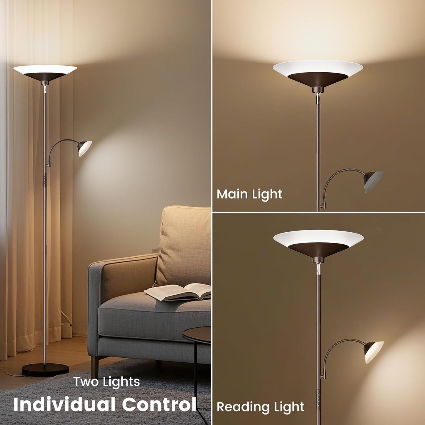 Brown Torchiere LED Floor Lamp - 72" Rotating Standing Lamp with Remote, 34W Dimmable Floor Light with Color Changing, Tall Bright Corner Lamp for Reading Living Room Bedroom Office