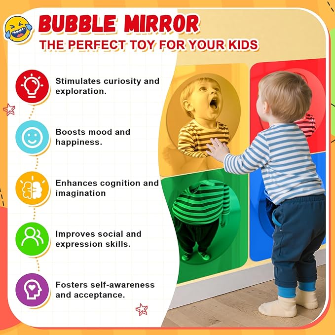 Geiserailie 4 Pcs Sensory Wall Mirror Acrylic Bubble Mirror Toys for Calming Corner Items - Sensory Room Have Visual, Tactile Stimulation (10 x 10 Inch,Red,Yellow,Green,Blue)