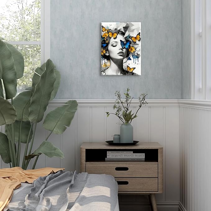 Abstract Butterfly Wall Art Women Pictures Wall Decor Modern Black and White Female Portrait Canvas Painting Blue Yellow Butterfly Wall Decor Aesthetic Prints Artwork for Living Room Bedroom 12x16"